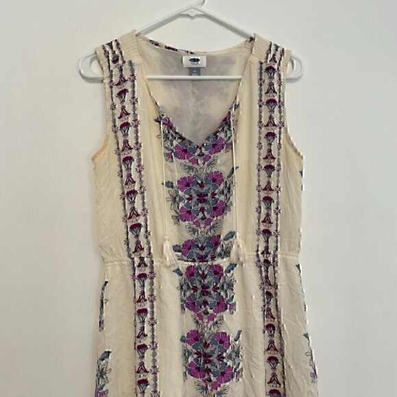 OLD NAVY Printed Tassle Boho Midi Dress Cream Ivory Floral Tassel Boho M NO BELT - Picture 3 of 13